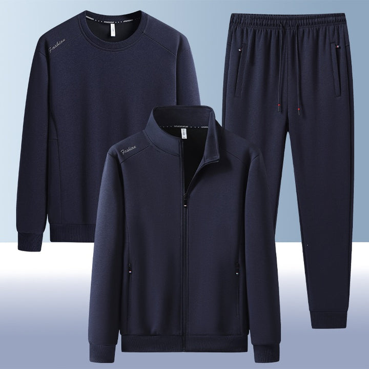 [Herren] Zweiteiliges Trainingsset mit Stehkragen-Zipjacke, Rundhals‑Sweatshirt und konisch geschnittener Jogginghose aus atmungsaktivem Fleece Drune