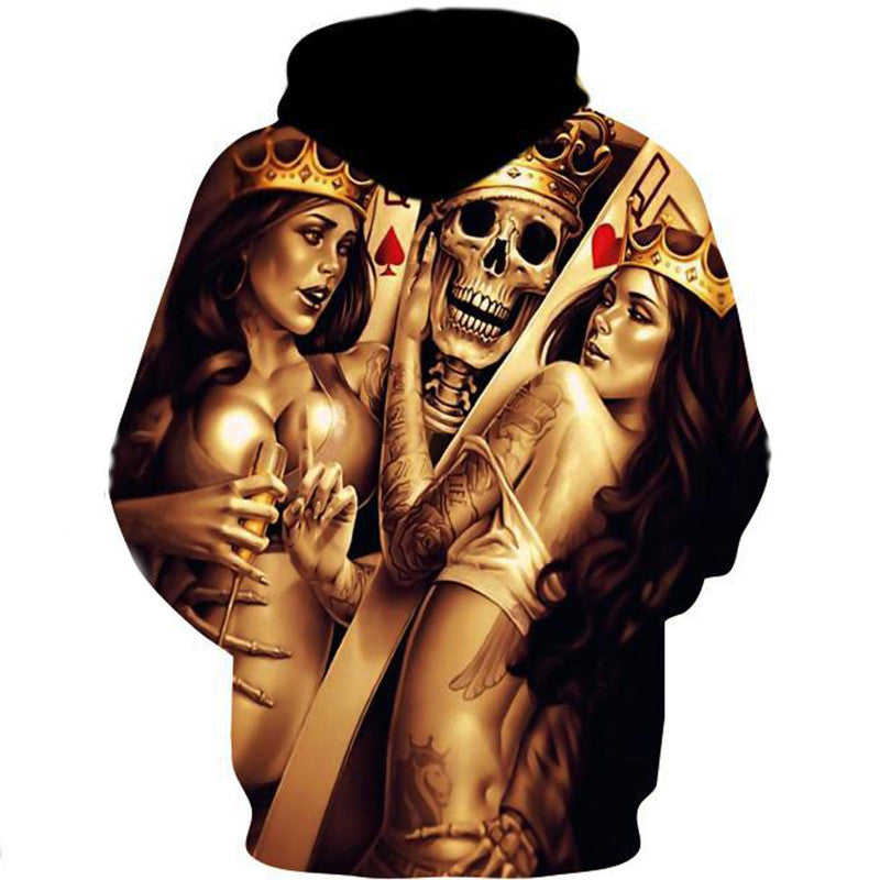 Herren Kapuzenpullover mit allover Totenkopf- und Spielkarten-Grafik Drune