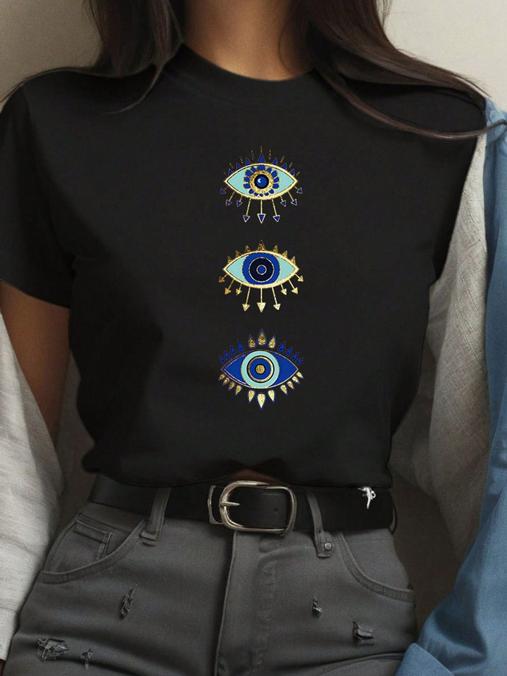 Damen T-Shirt mit kreativem Grafikdruck und luxuriösen Paillettenakzenten Drune