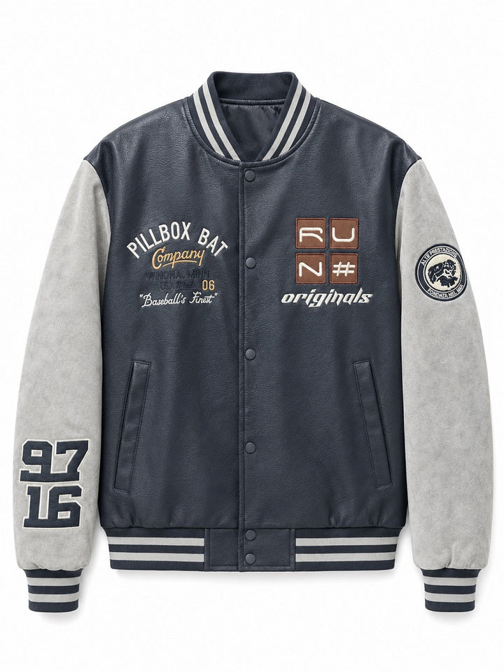 Herren Varsity-Bomberjacke im Retro-College-Stil mit Kunstlederkörper und Kontrastärmeln Drune