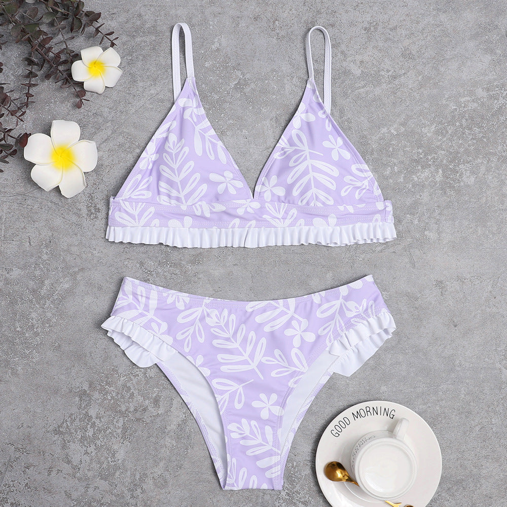 Damen Triangel-Bikini mit verspielten Rüschendetails und floralem Druck Drune