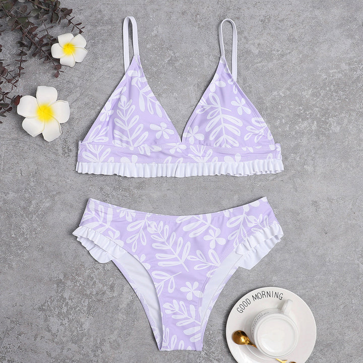 Damen Triangel-Bikini mit verspielten Rüschendetails und floralem Druck Drune