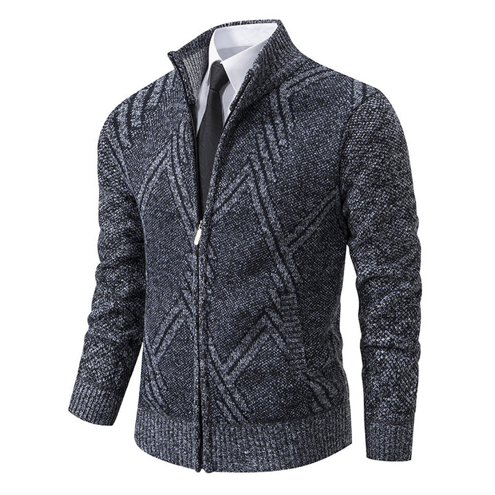 Herren Grobgestrickte Zip‑Strickjacke mit Stehkragen und geometrischem Strukturmuster Drune