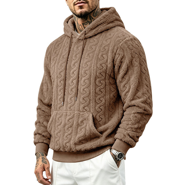Herren kuscheliger Teddy-Fleece Kapuzenpullover mit Zopfmuster und Kängurutasche Drune