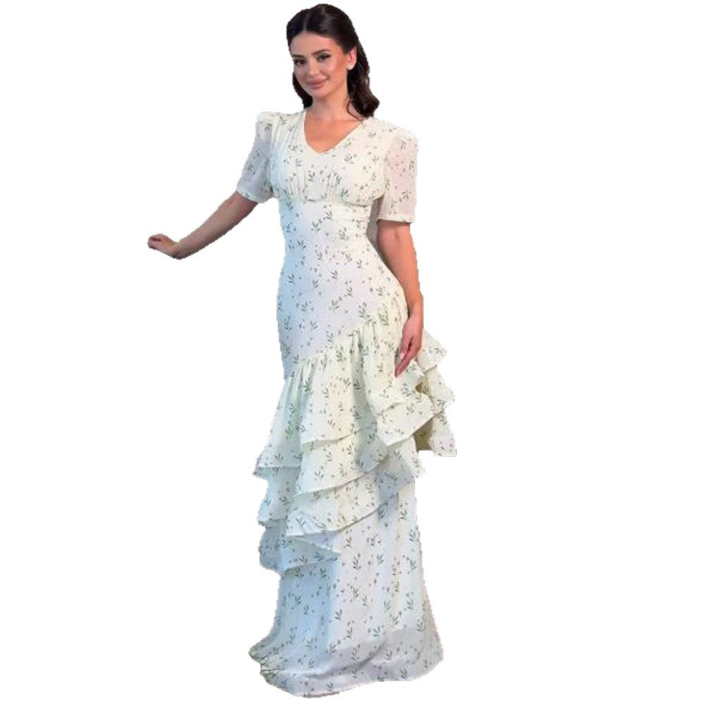 Damen Maxikleid im Vintage‑Romantik‑Stil mit asymmetrischen Volants und Puffärmeln Drune