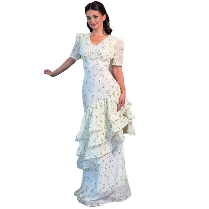 Damen Maxikleid im Vintage‑Romantik‑Stil mit asymmetrischen Volants und Puffärmeln Drune