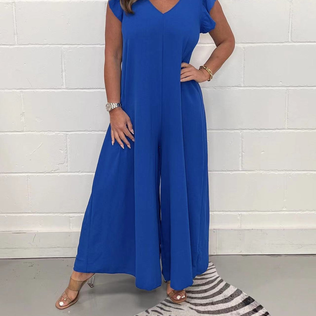 Damen gehobener Jumpsuit mit voluminösen Rüschenärmeln und V-Ausschnitt Drune