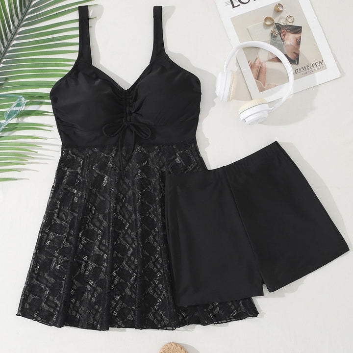 Damen Freizeit Badekleid mit oberem Raffungseffekt und transparenter Netzoptik Drune