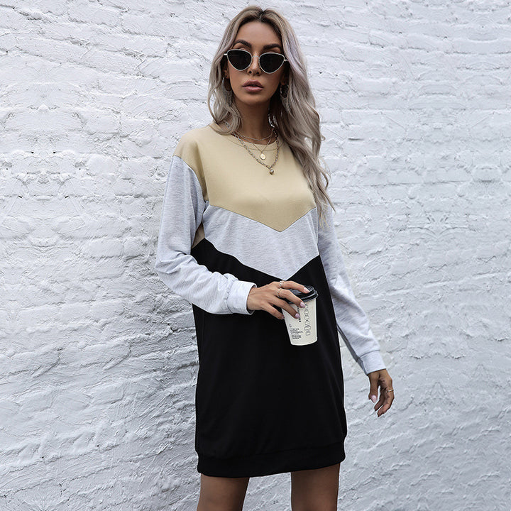 Damen Colorblock-Sweatshirtkleid mit V‑Einsatz, Langarm und legerem Saum Drune