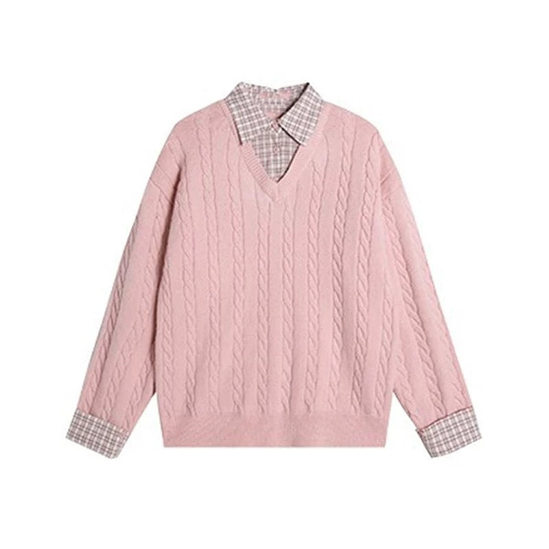 Damen Grobstrickpullover mit Zopfmuster und V-Ausschnitt Drune