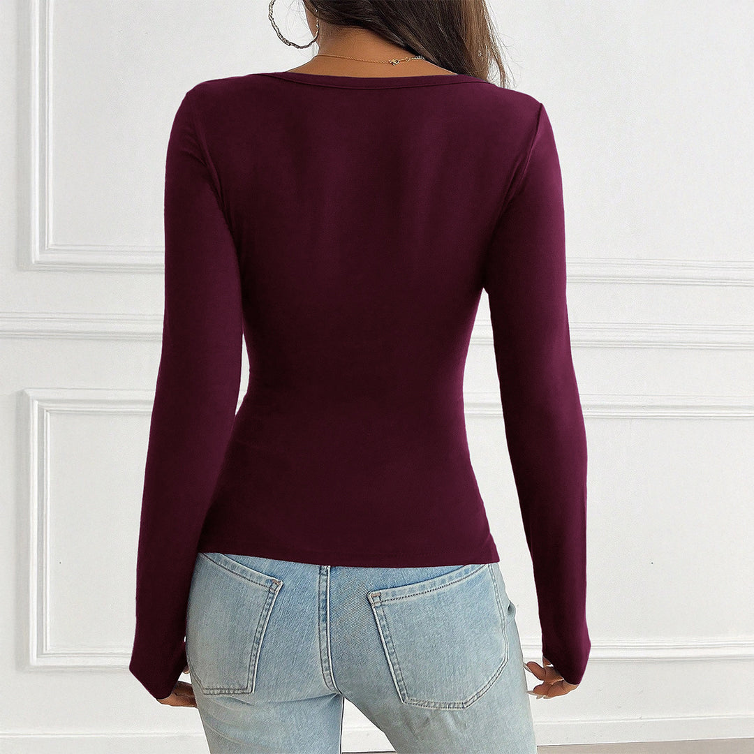 Damen nan tailliertes Langarmshirt mit geraffter Knopfleiste und tiefem V-Ausschnitt Drune