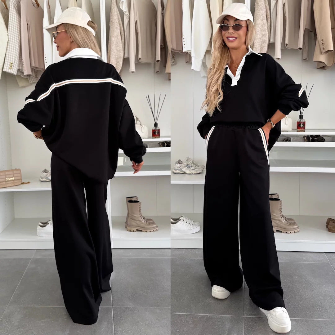 Damen modisches Relax-Set mit Polokragen, markanten Paspelstreifen und weitem Palazzo-Jogger Drune