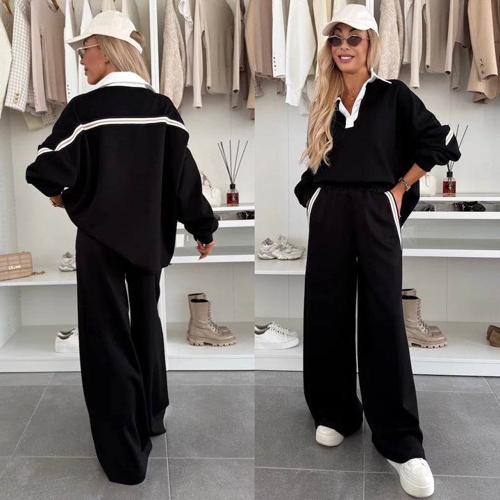 Damen modisches Relax-Set mit Polokragen, markanten Paspelstreifen und weitem Palazzo-Jogger Drune