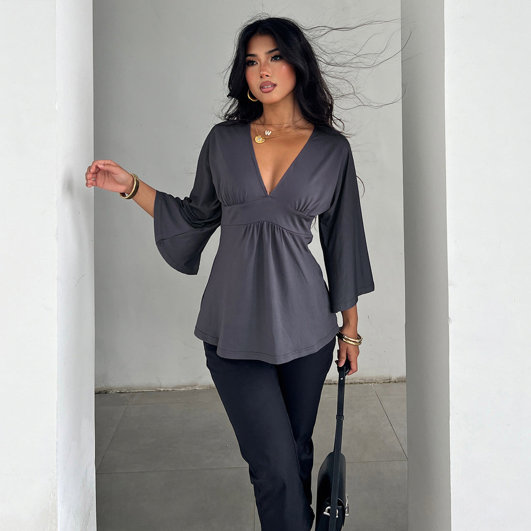 Damen V‑Ausschnitt Tunika mit Empire‑Naht und 3/4‑Ärmeln Drune