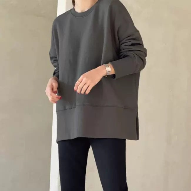 Damen Boxy-Sweatshirt mit verlängerter Saumblende, seitlichen Schlitzen und Raglanärmeln Drune