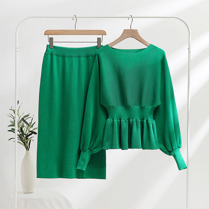 Damen modisches Strick-Loungewear-Set mit gerafftem Oberteil und midi Rock Drune