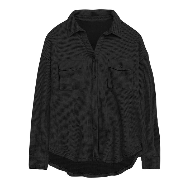 Damen nan oversized Waffelstrick Hemdjacke mit Brusttaschen und Knopfleiste Drune