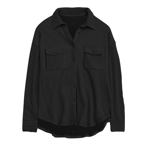 Damen nan oversized Waffelstrick Hemdjacke mit Brusttaschen und Knopfleiste Drune