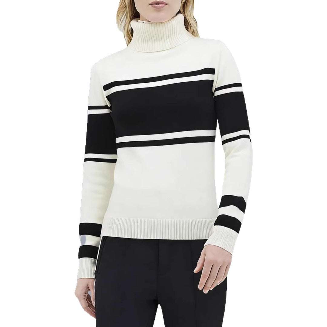 Damen langes Rollkragen Strickkleid mit Sternmotiv, Blockstreifen und elastischem Rippbündchen Drune