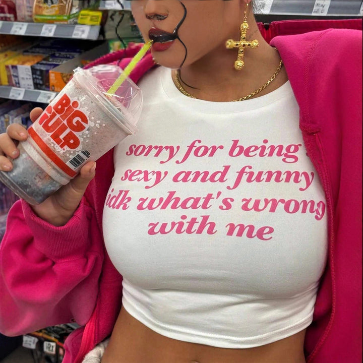 Damen Kurzarm Crop-T-Shirt mit witzigem Schriftzug Drune