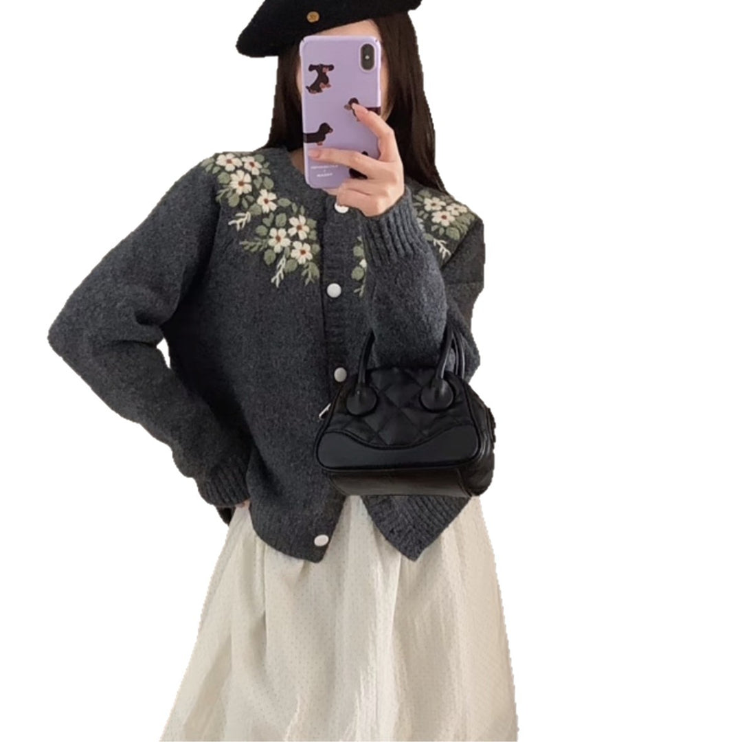 Damen Eleganter Strickpullover mit Blumenmuster Drune