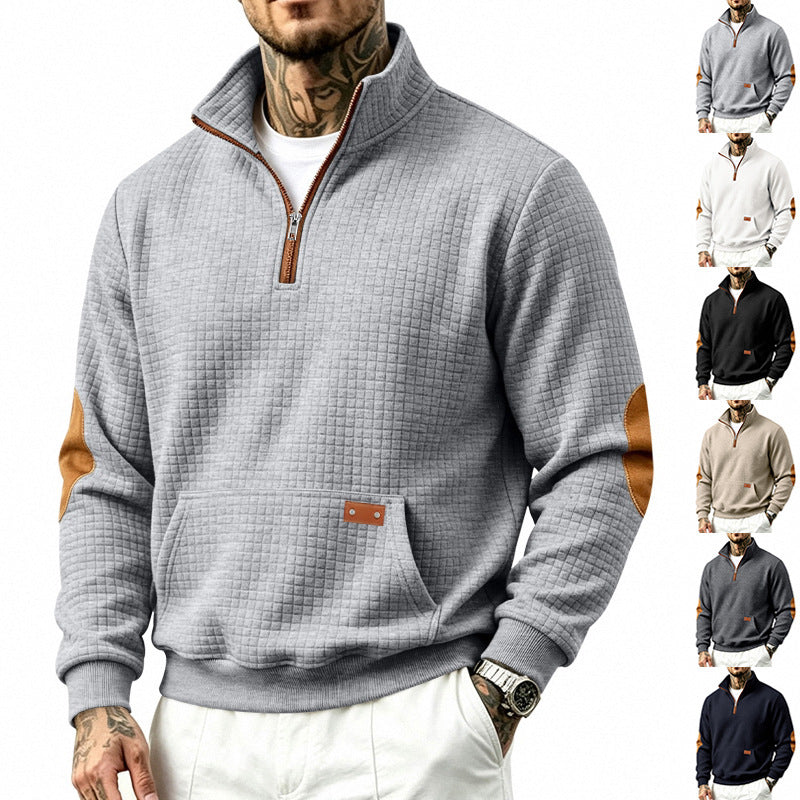Herren Stehkragen-Halbzip-Sweatshirt mit karierter Reliefstruktur und Lederoptik-Ellenbogenpatches Drune