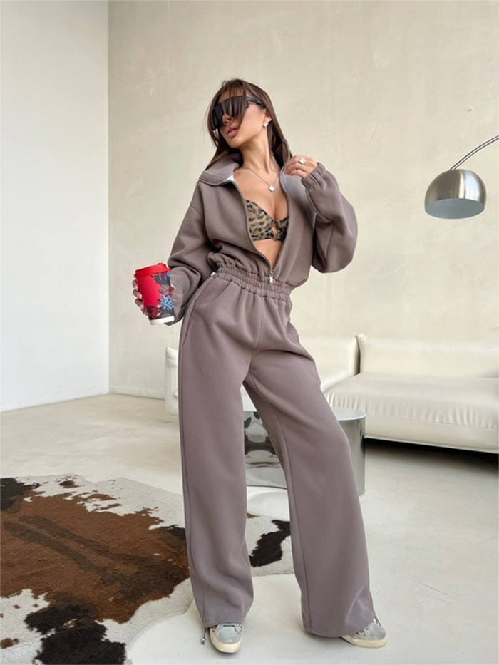 Damen Relaxed-Loungewear-Set mit Halbzip-Stehkragen und hochtaillierter Weitbein-Jogginghose Drune