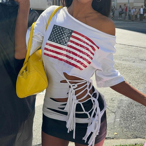 Damen lässiges Crop-Top mit amerikanischem Flaggenmotiv und modischem Fransen-Design Drune