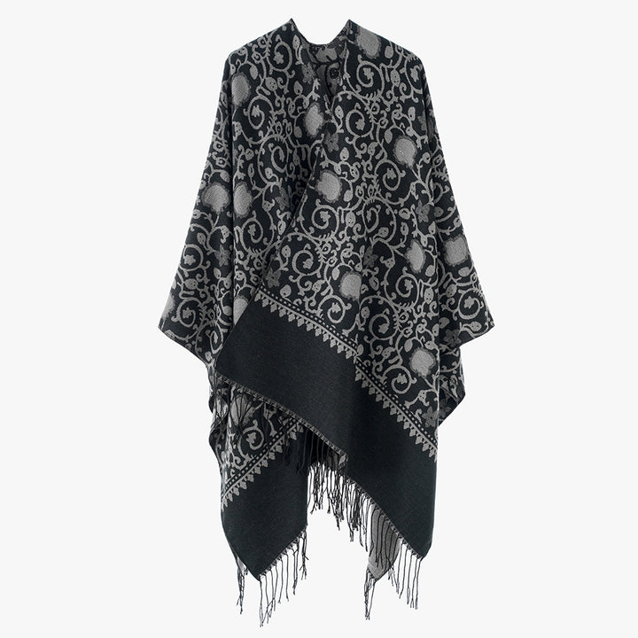 Damen Jacquard-Ruana mit ornamentalem Bordürenmuster und Fransensaum Drune