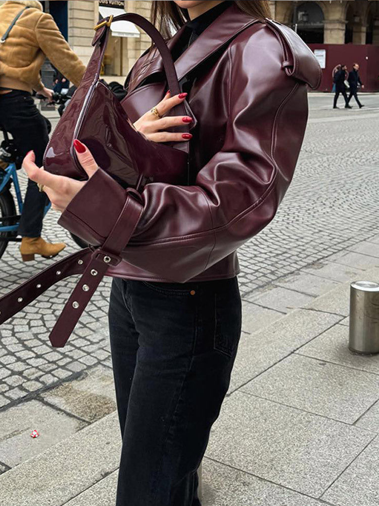 Damen modische Kunstlederjacke mit oversized Schnitt und breitem Kragen Drune