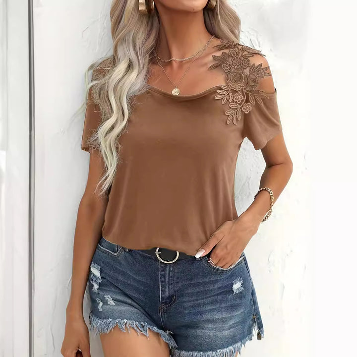 Damen nan schulterfreies Jerseyshirt mit floraler Spitzenapplikation und lockerer Passform Drune