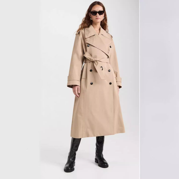 Damen Langer Trenchcoat aus Baumwollmix mit doppelreihiger Knopfleiste, Taillengürtel und Schulterklappen Drune