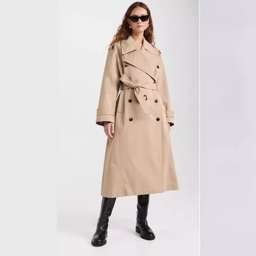 Damen Langer Trenchcoat aus Baumwollmix mit doppelreihiger Knopfleiste, Taillengürtel und Schulterklappen Drune