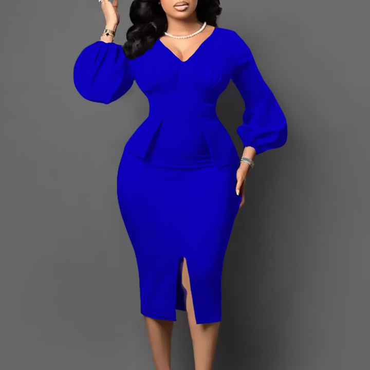 Damen Figurbetontes Midi-Kleid mit Puffärmeln und Schlitz Drune