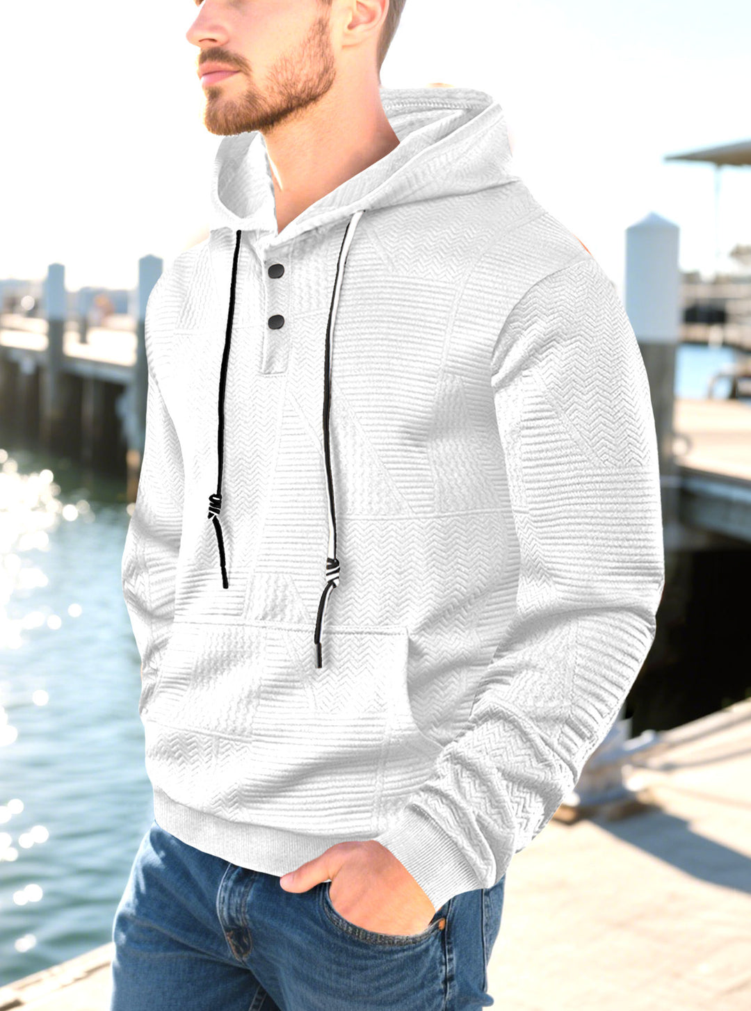 Herren nan geometrischer Struktur-Kapuzenpullover mit Henley-Blende und Kängurutasche Drune