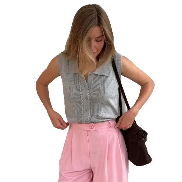 Damen Ärmelloses Stricktop mit Hemdkragen, Zierknopfleiste und feiner Strukturierung Drune