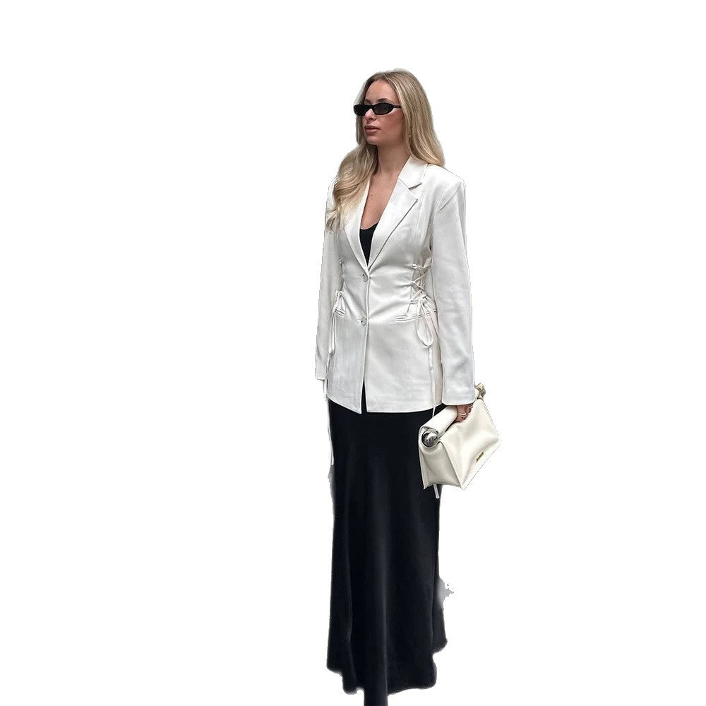 Damen taillierter Blazer mit tiefem V‑Ausschnitt, Zipperfront und Kordelzug-Detail Drune