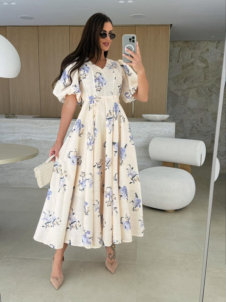 Damen Maxikleid mit elegantem V-Ausschnitt und voluminösen Puffärmeln Drune