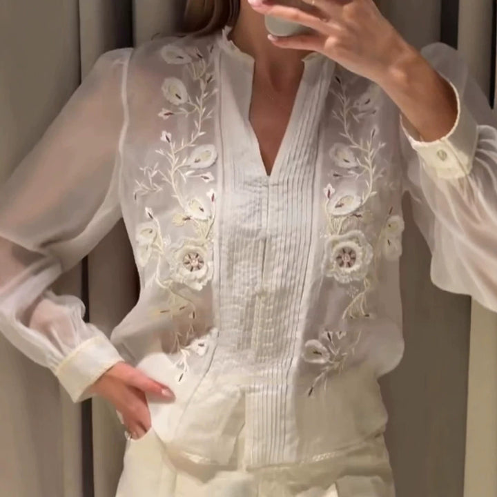 Damen Transparente bestickte Chiffonbluse mit Pintucks, V‑Ausschnitt und Ballonärmeln Drune