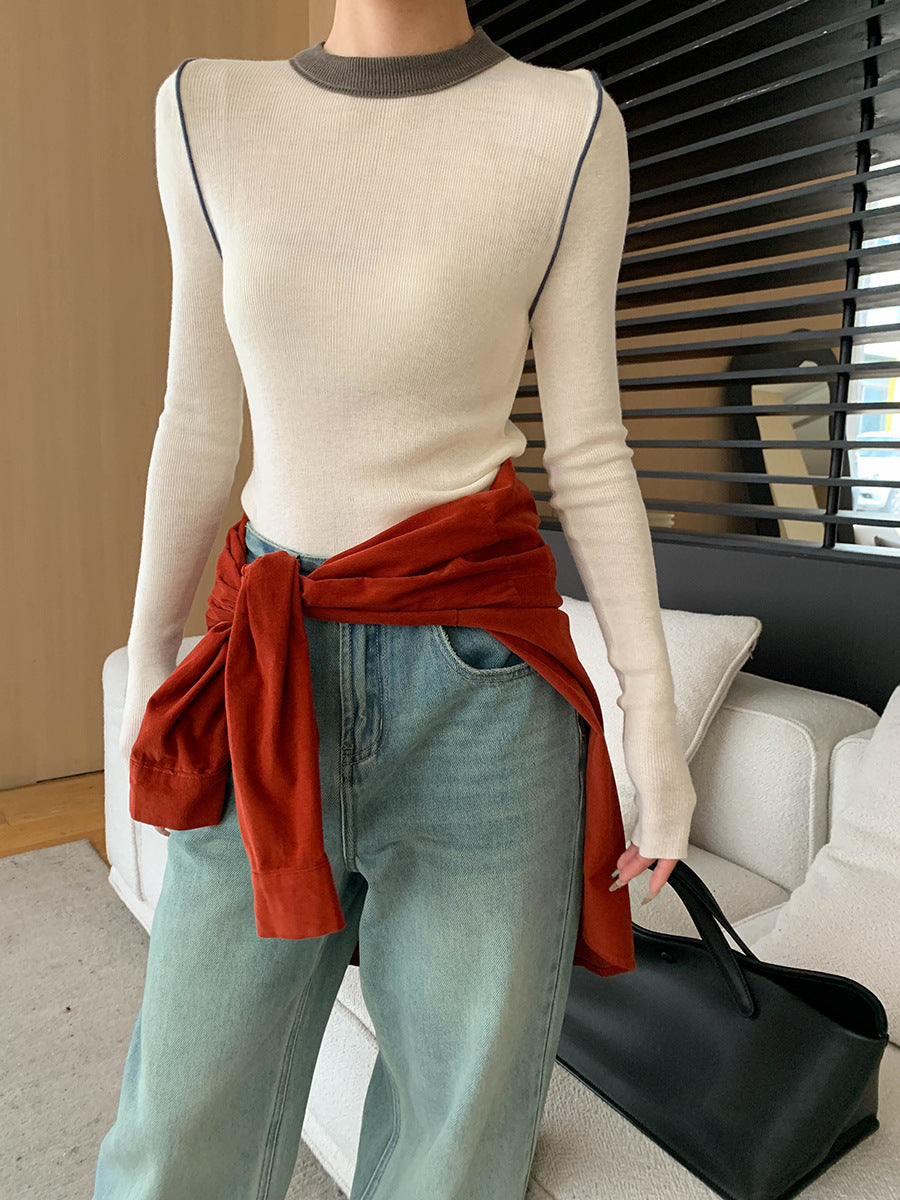 Damen elegantes langärmliges Rippoberteil mit kombiniertem Rollkragen Drune