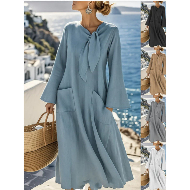 Damen Leichtes Maxikleid mit Bindeschleife, Glockenärmeln und aufgesetzten Taschen Drune