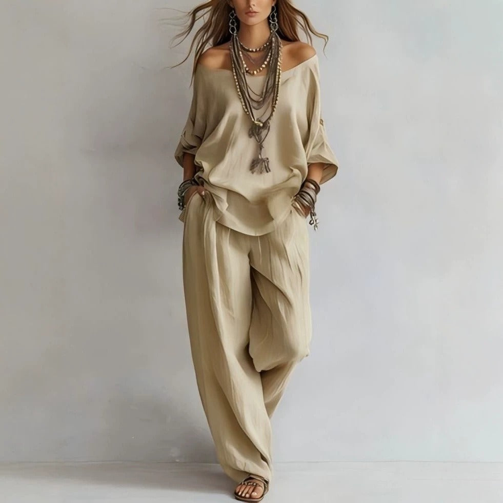 Damen Lässiges Leichtes Lounge-Set mit Carmenausschnitt und Palazzo-Hose Drune