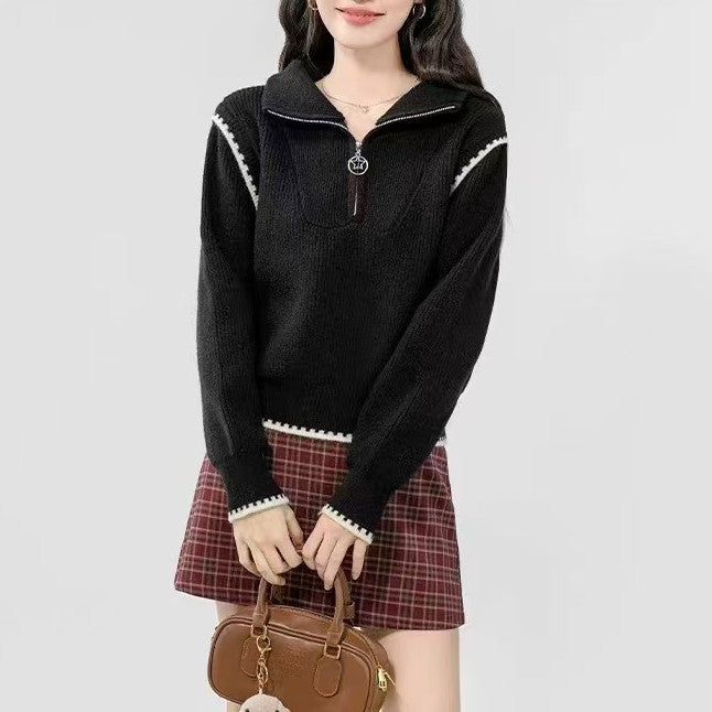 Damen modischer Pullover mit hochgeschlossenem Kragen und besonderen Ärmelabschlüssen Drune