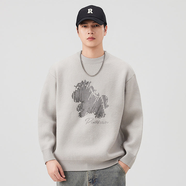 Herren Modischer Grobstrickpullover mit kreativer Tiermotiv-Applikation Drune