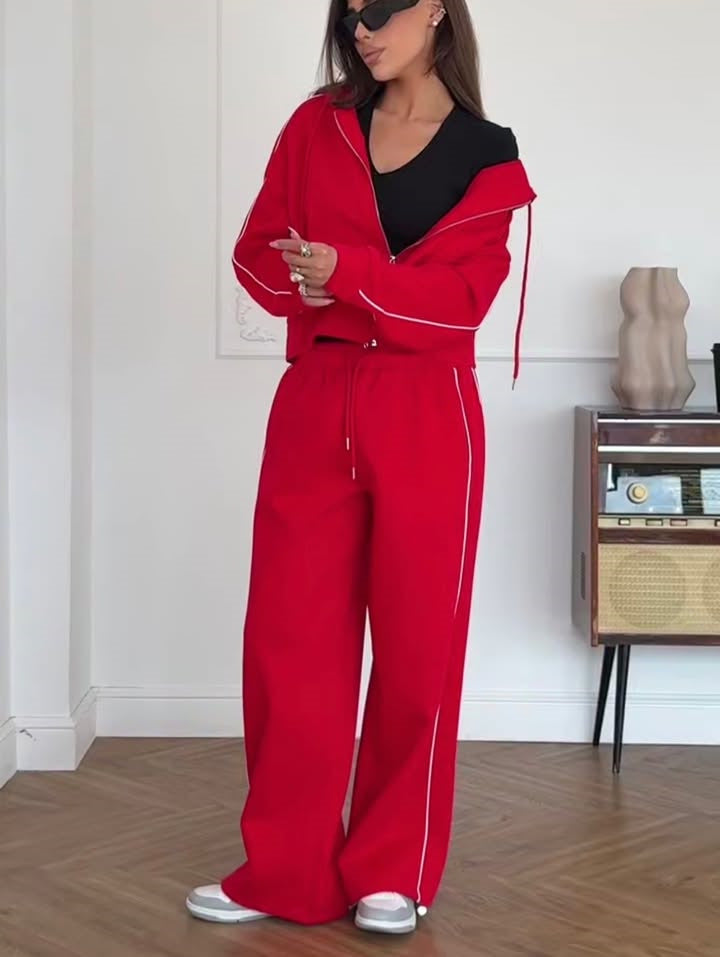 Damen Lässiges zweiteiliges Lounge-Set mit oversized Zipjacke und weitem Kordelzug-Hosenbund Drune