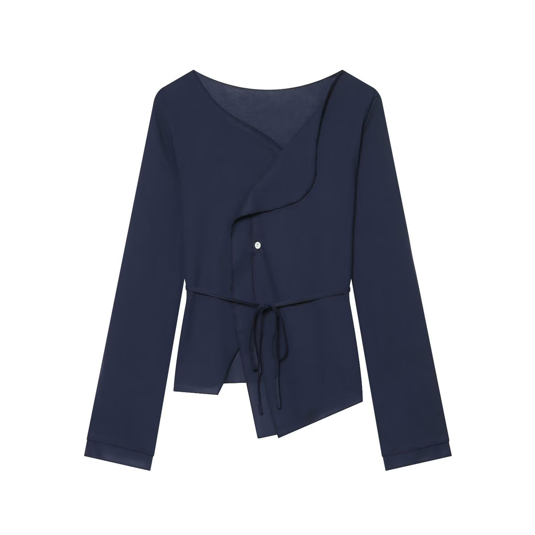 Damen Asymmetrische Wickelbluse mit Volantkante und Taillengürtel Drune