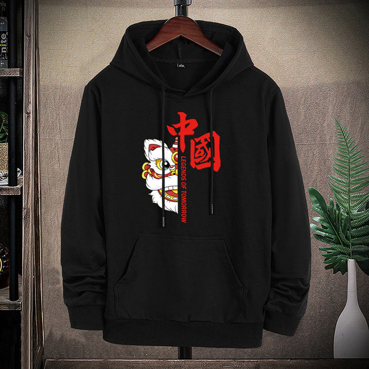 Unisex Kapuzenpullover mit asiatischem Löwenmotiv und Kängurutasche Drune