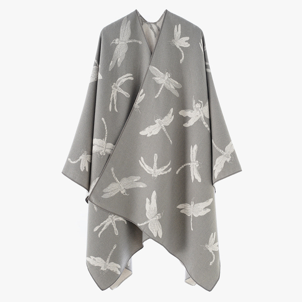 Damen Oversize-Cape aus feinem Jaquardstrick mit Libellenmotiv und reversibler Wolloptik Drune