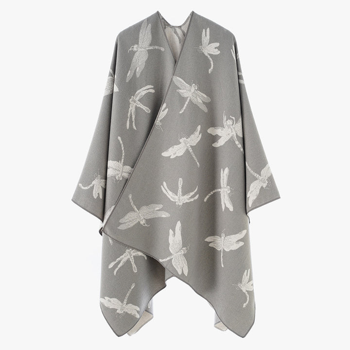 Damen Oversize-Cape aus feinem Jaquardstrick mit Libellenmotiv und reversibler Wolloptik Drune