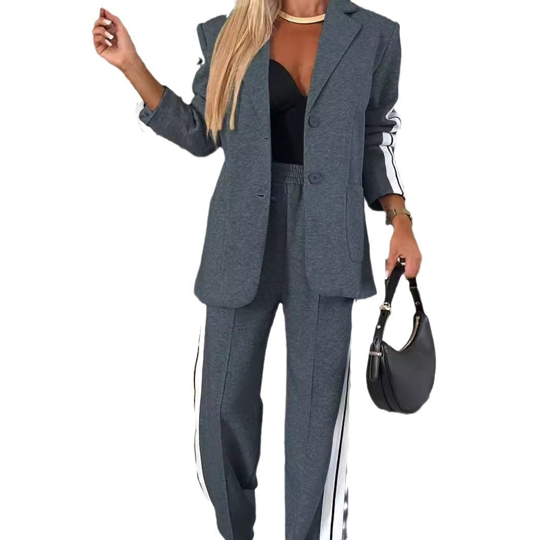 Damen nan elegantes Blazer-Set im Sportchic mit kontrastierenden Seitenstreifen und elastischer Bundhose Drune